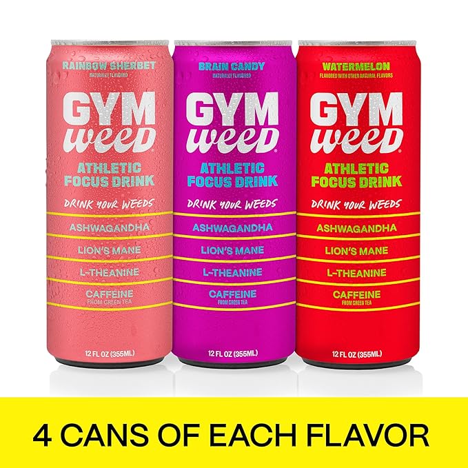 GYM WEED Athletic Focus Drink with KSM-66 Ashwagandha, Lion's Mane Mushroom, L-Theanine, 200mg Green Tea Caffeine with Natural Sweeteners Sour and Sweet Variety of Flavors, 12 Pack