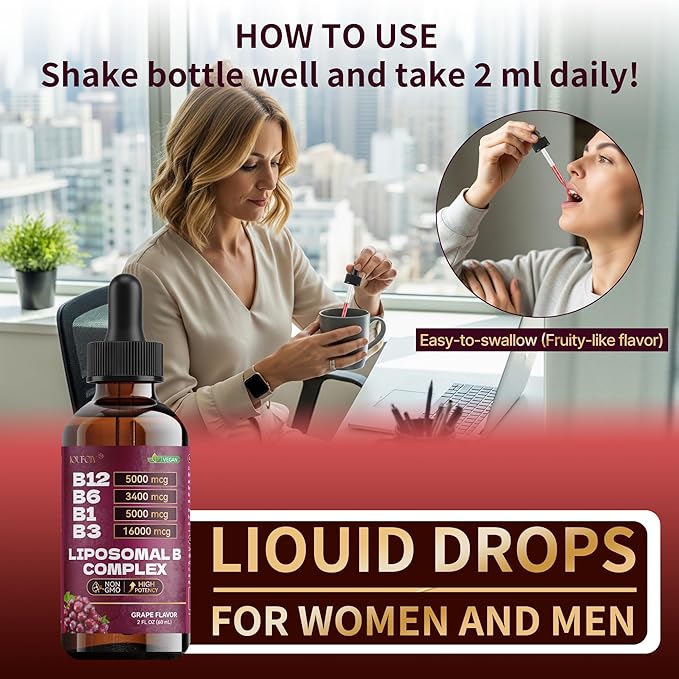 Liposomal Vitamin B Complex | Maximize Absorption Vitamin B12 Sublingual with B6,B1,B3 | Folic+Niacin | B12 Methylcobalamin Vitamins 5000mcg for Daily Energy,Focus,Mood,Nerves & Brain