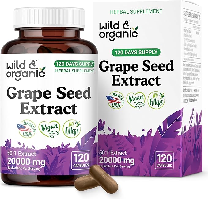 Wild & Organic Grape Seed Extract Capsules - Antioxidant Support - Grapeseed Extract 400 mg - 95% Polyphenols - 120 Vegan Capsules - 4 Month Supply - Non-GMO