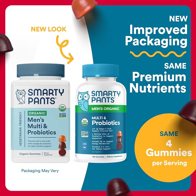 SmartyPants Multivitamin for Men, Organic Gummies: Probiotics, CoQ10, Methylfolate, Omega 3 (ALA), Vitamin D3, C, Vitamin B12, B6, A, K & Zinc for Immune Support, Biotin, 120 Gummies (30 Day Supply)