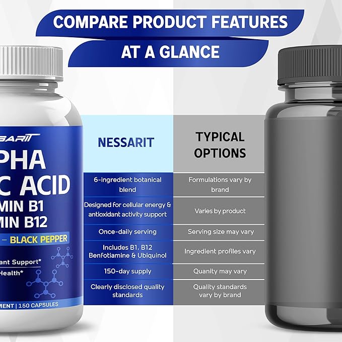 Alpha Lipoic Acid High Potency with Vitamin B1, Vitamin B12, Benfotiamine, Ubiquinol, Black Pepper - Support Cellular Health - 150 Count