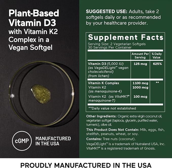 SMARTERNUTRITION Vegan Vitamin D3 5000 IU + Natural Vitamin K2 1100 mcg in Organic Coconut & Olive Oil - D3 K2 Supplement for Immune & Bone Support - 360 Softgels[180 Day Supply]