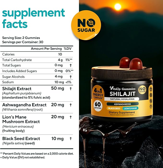 VitaUp Himalayan Shilajit Gummies for Men & Women – Sugar-Free Shilajit Gummies with Fulvic Acid – Pure Energy, Immune & Healthy Aging Support – 60 Gummies
