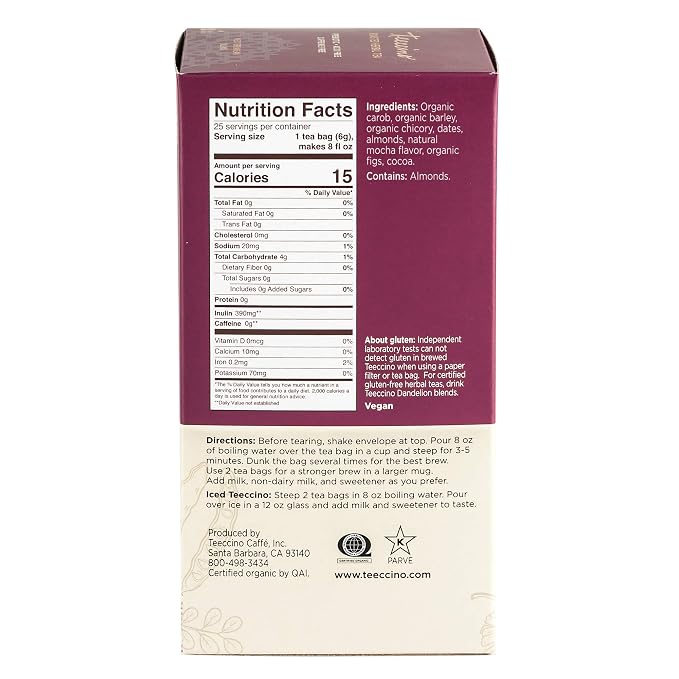 Teeccino Mocha Herbal Tea - Rich & Roasted Herbal Tea That’s Caffeine Free & Prebiotic for Natural Energy, 25 Tea Bags