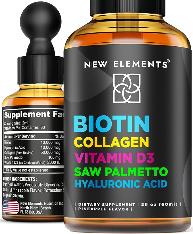 Liquid Biotin for Hair Growth Women & Men 10000mcg | Biotin and Collagen Supplements with Saw Palmetto & Hyaluronic Acid | Biotin Drops for Hair Growth with Vitamin D3 for Hair Skin and Nails