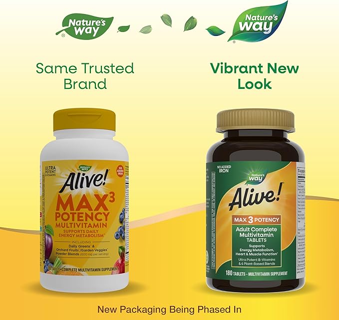 Nature's Way Alive! Max3 Potency Adult Complete Multivitamin, High Potency B-Vitamins to Support Cellular Energy Metabolism*, Multivitamin with Methylated B12 & Folate, No Added Iron, 180 Tablets