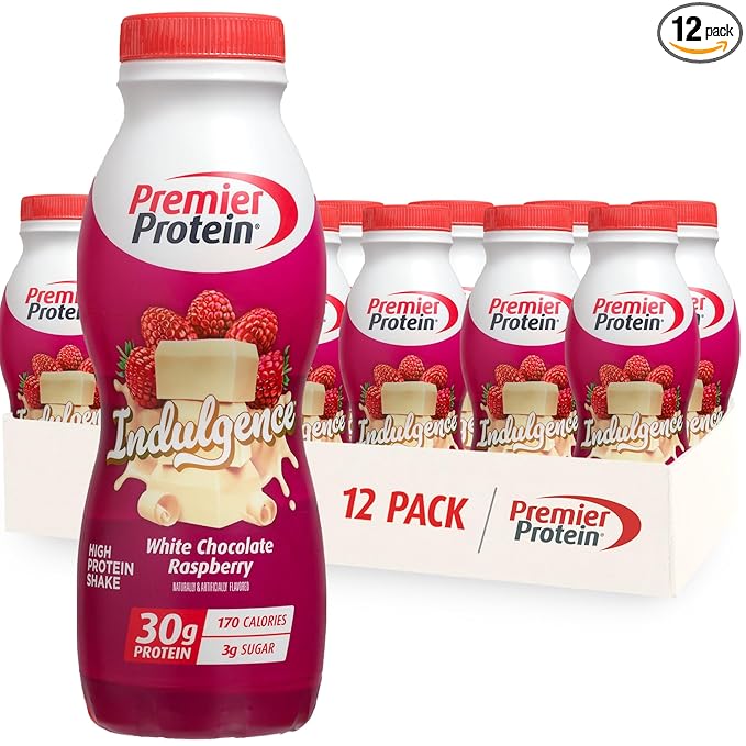 Premier Protein Shake INDULGENCE, White Chocolate Raspberry, 30g Protein, 170 Calories, 3g Sugar, 11.5 fl oz, 12 Pack (Packaging May Vary)