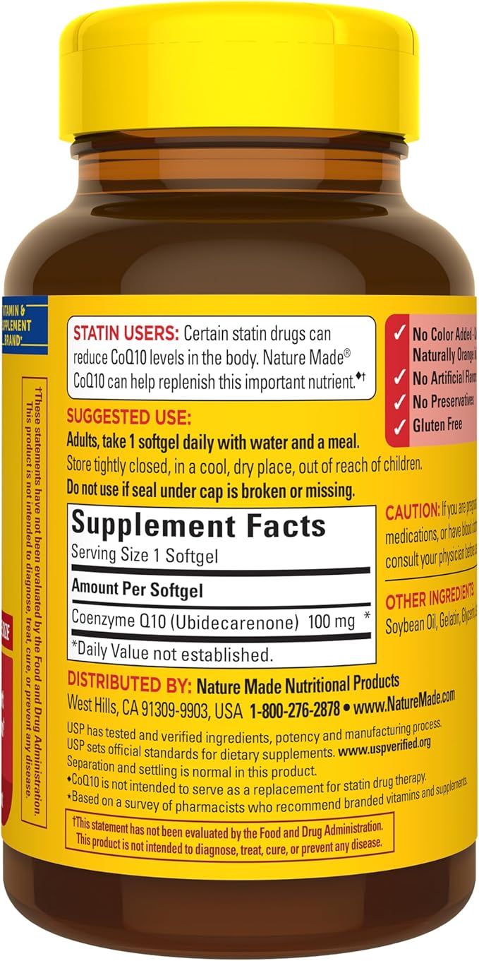 Nature Made CoQ10 100mg, Dietary Supplement for Heart Health Support, 72 Softgels, 72 Day Supply