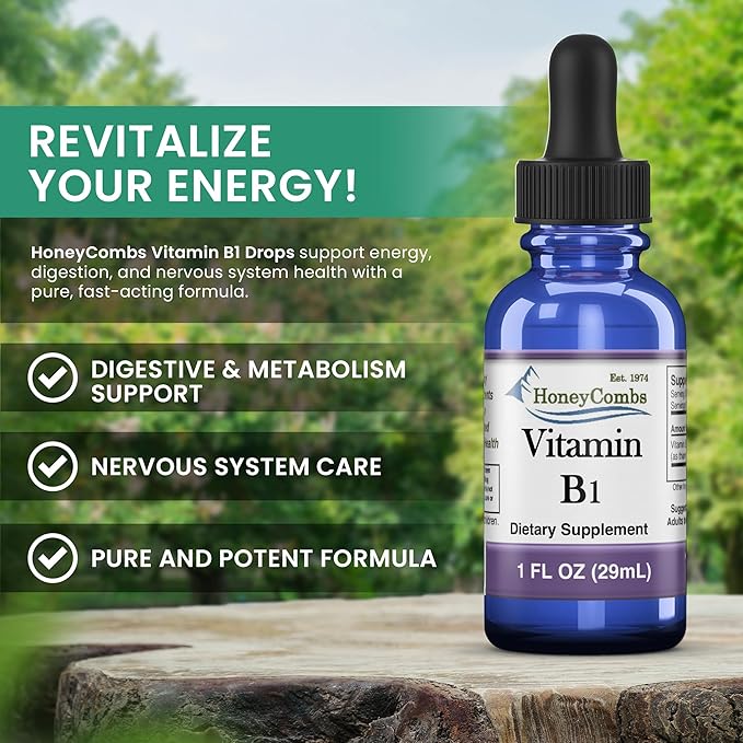 HoneyCombs B1 Supplement (Thiamine) Liquid Drops - High Potency Thiamine B1 Supplement for Men & Women - Maintain Nervous System, Energy & Overall Health - Vegan Liquid B Vitamins (16 Fl oz)