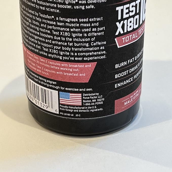 Force Factor Test X180 Ignite Total Testosterone Booster for Men with Fenugreek Seed and Green Tea Extract to Build Lean Muscle, Boost Energy, and Improve Performance, 60 Count