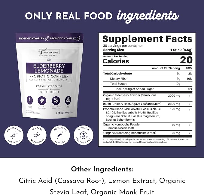 JUST INGREDIENTS Elderberry Lemonade 3-in-1 Probiotic Complex - Prebiotics, Probiotics & Postbiotics - 30 Sticks