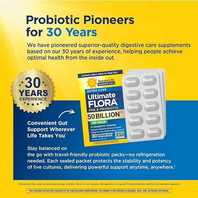 Renew Life Extra Care Go-Pack Probiotic Capsules, Daily Supplement Supports Immune, Digestive and Respiratory Health, L. Rhamnosus GG, Dairy, Soy and gluten-free, 50 Billion CFU, 30 Ct