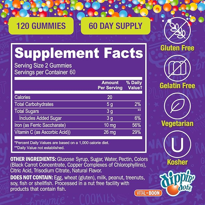 Vital+Boon - Iron with Vitamin C & B12 Gummies (120 Count) Vital for Red Blood Cell Formation | Gum Drop Grape Real Pectin Fruit Chew Supplements | Vegan, Non-GMO, Gluten Free & Gelatin Free