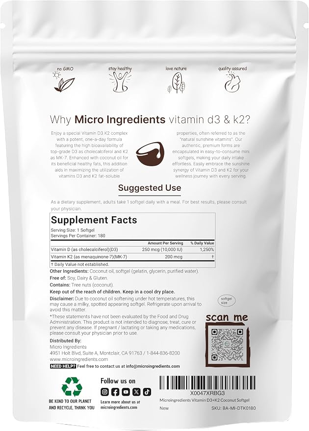 Micro Ingredients Vitamin D3 10,000 IU + K2 MK-7 200 mcg, 180 Softgels with Virgin Coconut Oil | 2-in-1 Vitamins D & K Complex | Extra Strength, Easy to Swallow, Non-GMO, Gluten Free