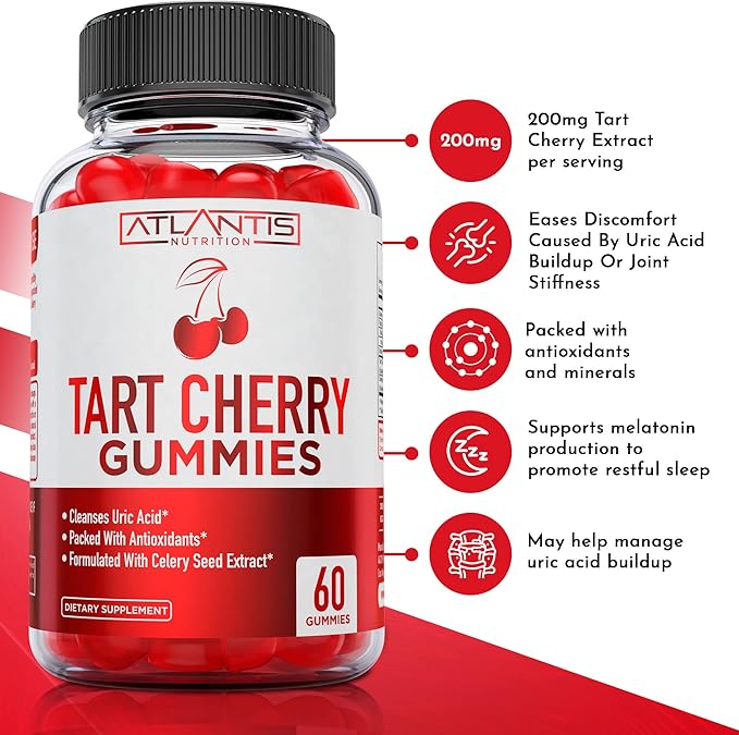 Atlantis Nutrition Tart Cherry Gummies with Celery Seed Extract - Advanced Uric Acid Cleanse for Immediate Relief | Joint Relief & Recovery | Powerful Antioxidant with Joint Support - 60 Gummies