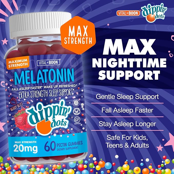 Dippin' Dots Extra Strength Melatonin 20mg Gummies for Adults - Melatonin Gummies with 20mg per Serving - Vegan Friendly Nighttime Sleep Supplement - Made with Natural Colors & Flavors (60 Count)