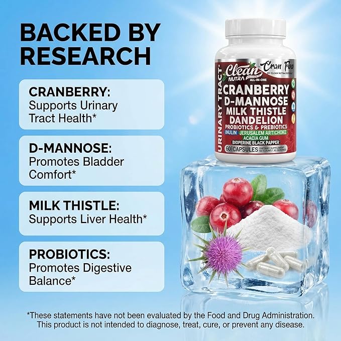 Cran Flow Cranberry Pills for Urinary Health D-Mannose Milk Thistle Dandelion Inulin Vitamin C Prebiotics and Probiotics Bladder Support By Clean Nutra