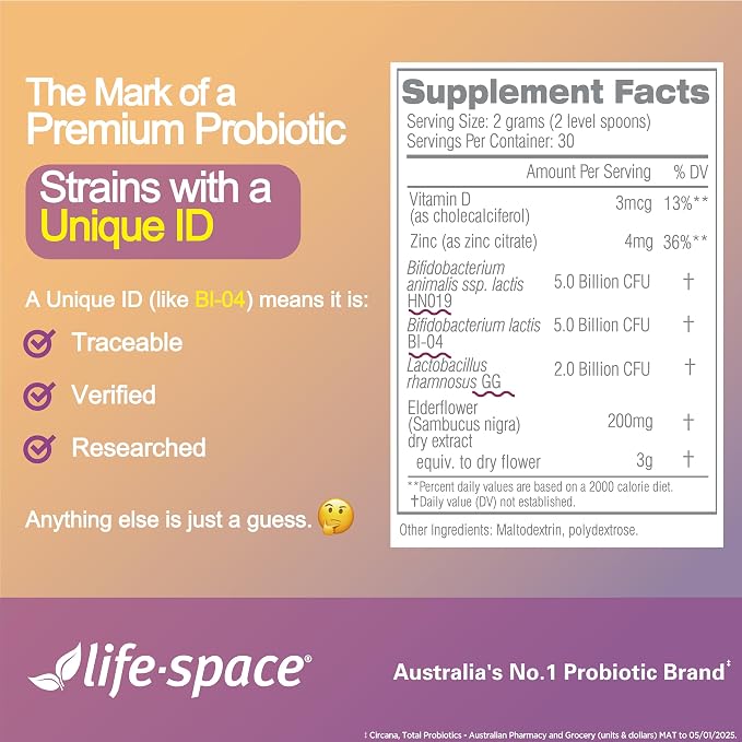 Life-Space Children Immune Support Probiotic, 2 Month Serving, Clinically Proven to Relieve Common Cold Symptoms, 12 Billion CFU, 6 in 1 Kids Probiotic for Digestive & Immune Health, 60 Grams