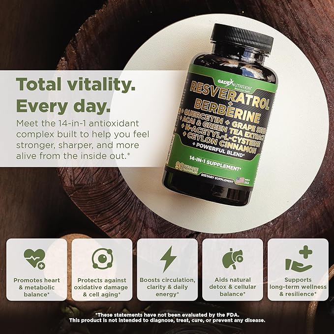 Gade Nutrition Resveratrol Berberine Quercetin Grape Seed Extract Green Tea Extract N-Acetyl Cysteine - 14 in 1 Complex Supplement for Women & Men with Potent Antioxidants - Made in USA