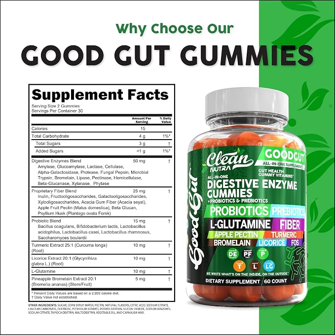 Clean Nutraceuticals Digestive Enzymes with Probiotics & Prebiotics for Digestive Health Gummies & L-Glutamine for Gut Health Bromelain Apple Pectin Inulin FOS Plant Based Vegan Gummy Vitamins