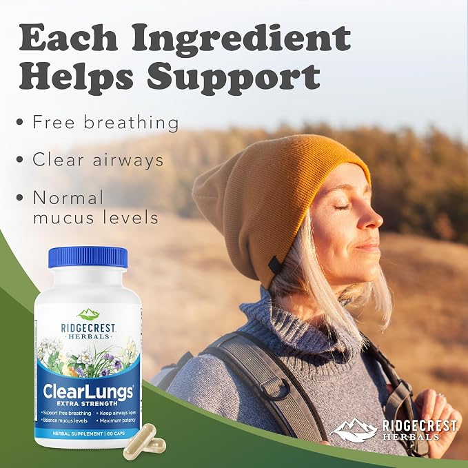 RidgeCrest Herbals ClearLungs Extra Strength, Daily Health Supplement, Natural Lung and Nasal Wellness Formula (60 Vegan Caps, 30 Serv)