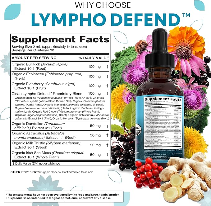 Organic Lymphatic Drainage Supplement | Lymphatic Support Drops | Burdock Root Echinacea Elderberry Dandelion Astragalus Milk Thistle Sea Moss Red Clover Cleanse Marigold Drop By Clean Nutra