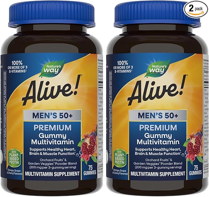 Nature's Way Alive! Men’s 50+ Premium Gummy Multivitamin, Supports Healthy Heart, Brain & Muscle Function*, B-Vitamins, Vegetarian, Grape, Orange and Cherry Flavored, 75 Gummies, (Pack of 2)