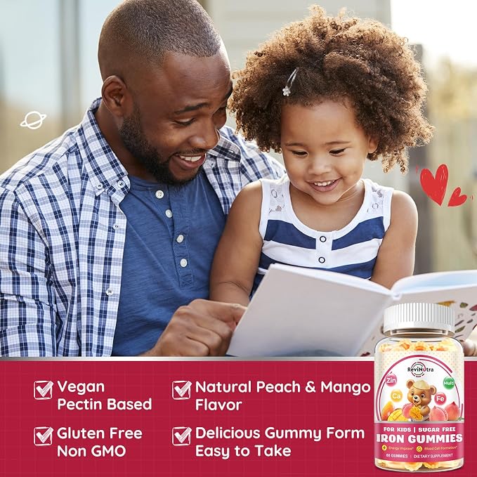 Iron Supplement Gummies for Kids - with Calcium, Zinc, Kids Multivitamin with Iron Gummies - Immune Support, Blood Builder & Energy Support for Iron Deficiency, Anemia, Peach & Mango Flavor, 60 Count
