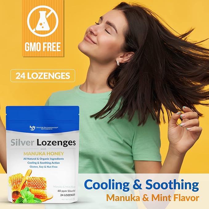 Silver Lozenges with Organic Manuka Honey and Vitamin C - All-Natural Nano Silver 45-50mcg of 60 PPM Colloidal Silver Mineral Drops to Support Immune System, Soothe, Cool Cough & Throat, 48-Lozenges