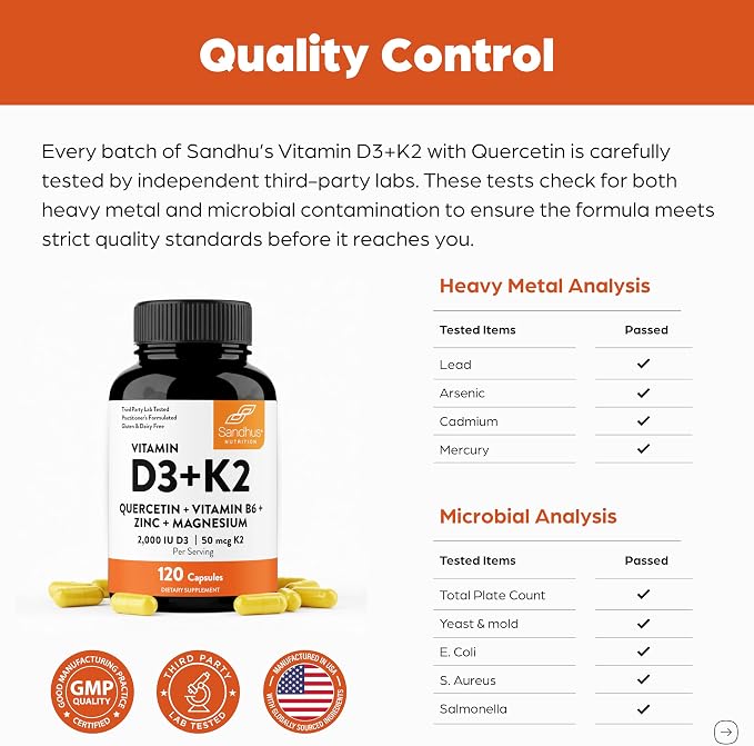 Sandhu's Vitamin D3 K2 Magnesium 2000 IU, 50mcg K2 Capsules 120 Count (Pack of 1) | with VIT B6, Zinc & Quercetin | D3K2 Supports Superior Absorption, Energy, Immune, Muscle Health for Men & Women