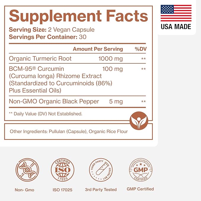 Organic Turmeric Curcumin with Black Pepper & BCM-95 - for Inflammatory Support, Brain & Immune Health - 60 Vegan Turmeric Capsules, 1000mg Per Serve - Herbal Curcumin Supplements