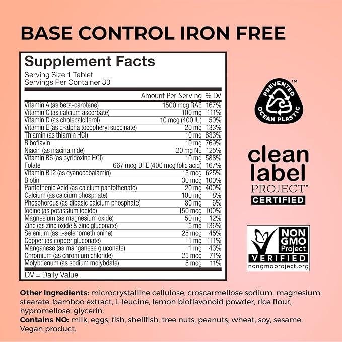 HUM Base Control Multivitamin for Women with Vitamin C, Biotin, Zinc, B Complex, Daily Women's Multivitamin, 22 Essential Vitamins & Minerals, Support for Pre-Menopause, Gluten Free, 30 Capsules