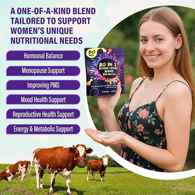 20-In-1 Beef Organ Supplement for Women, 925MG Grass Fed Beef Liver, Uterus, Ovary & 3 more with Maca, DIM, Black Cohosh, Vitamin & Mineral, Bovine organ Capsules for Hormone Balance, Energy, 60 Days