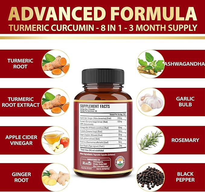 8 in 1 Turmeric Curcumin + Apple Cider Vinegar Capsules, 3 Month Supply with Ashwagandha, Ginger, Garlic Bulb, 95% Standardized Curcuminoids, Joint & Absorption Support