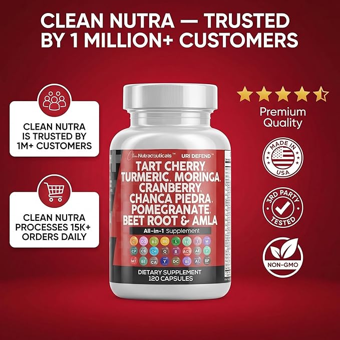 Clean Nutraceuticals Tart Cherry Extract Capsules with Turmeric Moringa Cranberry Chanca Piedra Celery Quercetin ACV Pomegranate L Selenomethionine - Uric Levels - 120 Ct