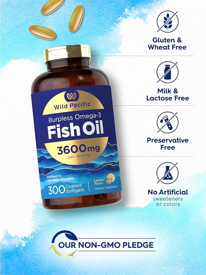 Carlyle Burpless Fish Oil 3600 mg | 300 Softgels | with Omega-3 Fatty Acids | Lemon Flavor | Non-GMO, Gluten Free Supplement | by Wild Pacific