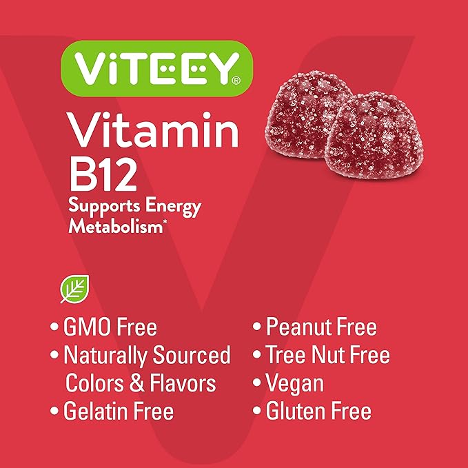 Viteey Vitamin B12 Gummies - Cognitive Support and Energy Gummies - Vegan, Gelatin Free, Gluten Free - 60 Count