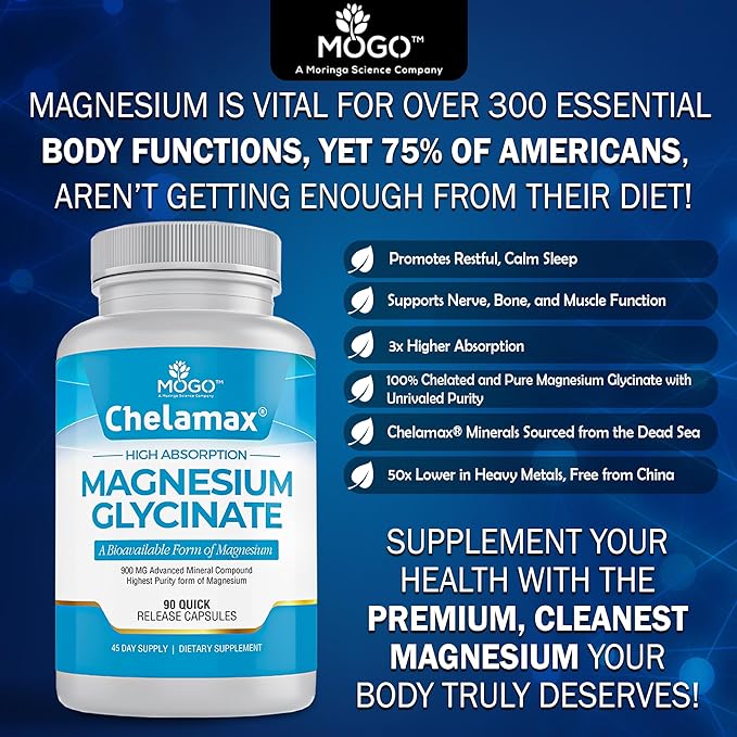 Chelamax Magnesium Glycinate.Dead Sea Sourced, 100% Chelated Magnesium for Sleep Support, Muscle Cramps, Bone Health. Made in USA, 3rd Party Tested,Heavy Metal Free,Glicinato de Magnesio Capsules.