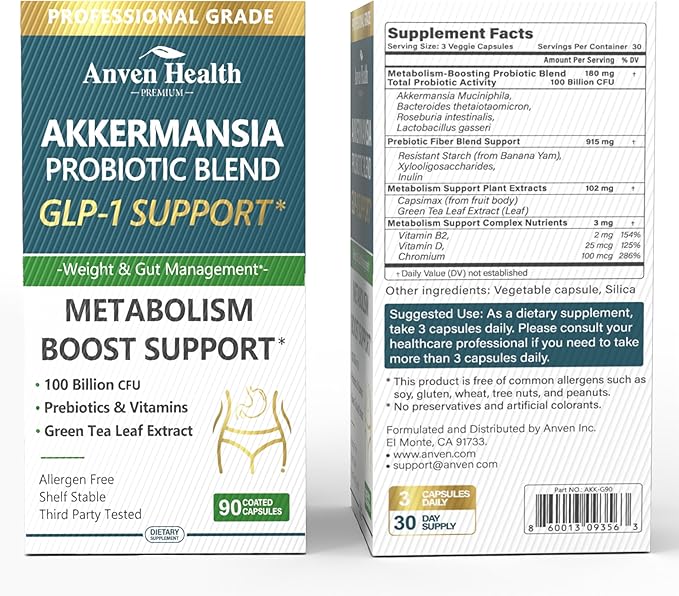 GLP-1 Supplement 100 Billion Akkermansia Probiotic & Prebiotic for Gut Health & Digestion, Metabolism & Energy Support with Vitamin B2 & D, Green Tea and Chromium - Non-GMO | 180 Capsules