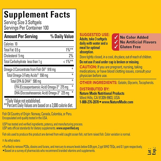 Nature Made Omega 3 Fish Oil Supplements,550mg Per Serving,Fish Oil Omega 3 Supplements as Ethyl Esters for Healthy Heart Support,300 Softgels,100 Day Supply,(Pack of 2)
