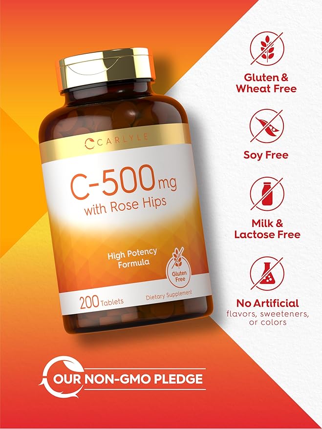 Carlyle Vitamin C 500mg | with Rose Hips | 200 Tablets | High Potency Formula | Vegetarian, Non-GMO, Gluten Free Supplement