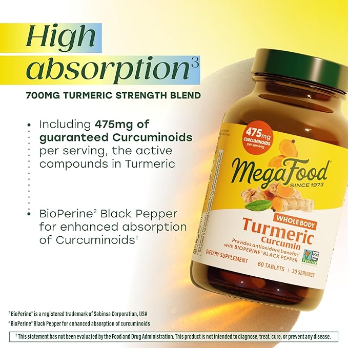 MegaFood Whole Body Turmeric Curcumin Supplement - Turmeric Supplement with Black Pepper & Vitamin C - 475 mg Curcuminoids Per Serving - Antioxidant & Immune Support - Vegan - 90 Tablets, 45 Servings