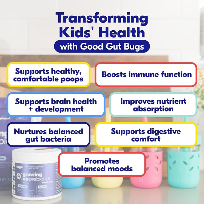 Begin Health Growing Up Prebiotics for Kids 84-Packs | Prebiotic Soluble Powder Stool Softeners and Digestive Gut Health Supplement | Ideal to Mix with Kids Daily Beverages and Soft Foods - Unflavored
