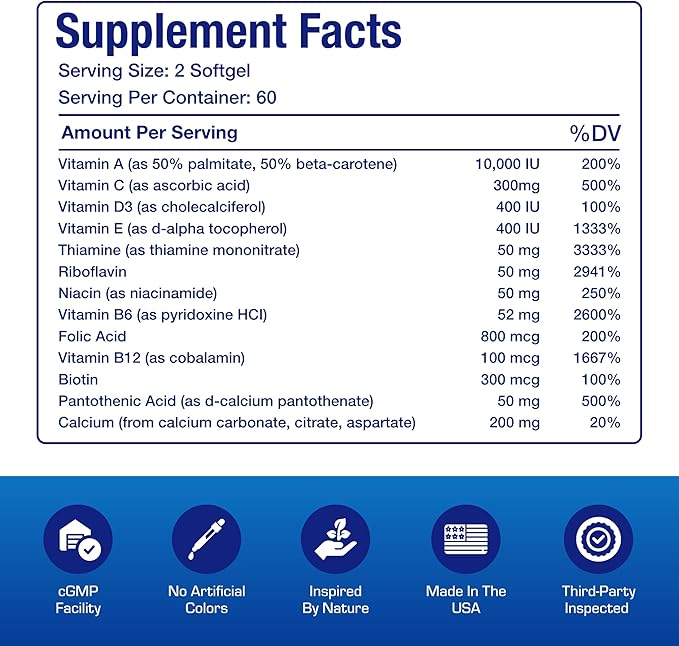 30-In-1 Adult Multivitamin with Iron - Antioxidant Rich Over 50 Multivitamin for Women and Men with Vitamins A C D E B Complex Zinc Magnesium Myo Inositol Lutein Lycopene & More - 2 Month Supply