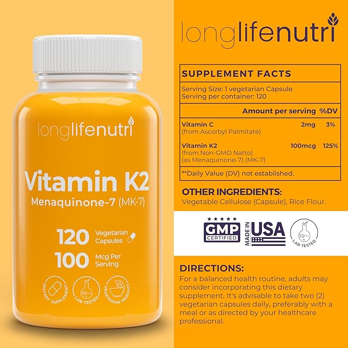 LongLifeNutri Vitamin K2 MK-7 100mcg – Nutrient Support for Bones and Circulation, 120 Vegetarian Capsules, 4-Month Supply, Lab Tested, Made in the USA, Non-GMO