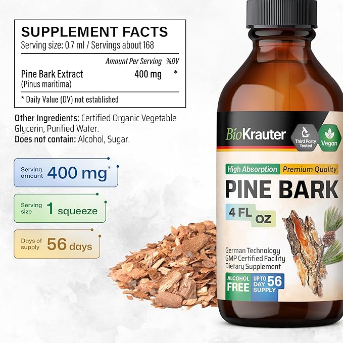 BIO KRAUTER® Pine Bark Extract for Circulatory & Antioxidant Support - Vegan French Maritime Pine Bark Herbal Supplements - Natural Antioxidants & Skin Support - 400 mg per Serving, 4 Fl. Oz.