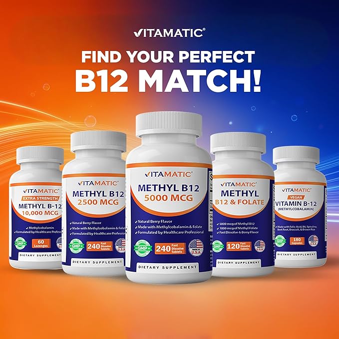 Vitamatic Vitamin B12 1000 mcg Fast Dissolve – 365 Tablets per Bottle - 3 Bottles – Natural Berry Flavor – Supports Energy Metabolism & Nervous System Health
