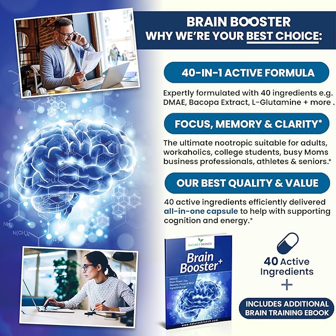 40-in-1 Brain Booster Supplement for Focus, Memory, Clarity, Energy | Advanced Vitamins Plus eBook | for Men & Women, Cognitive Function Nootropic Support with DMAE, Mind Health Formula | 60 Capsules