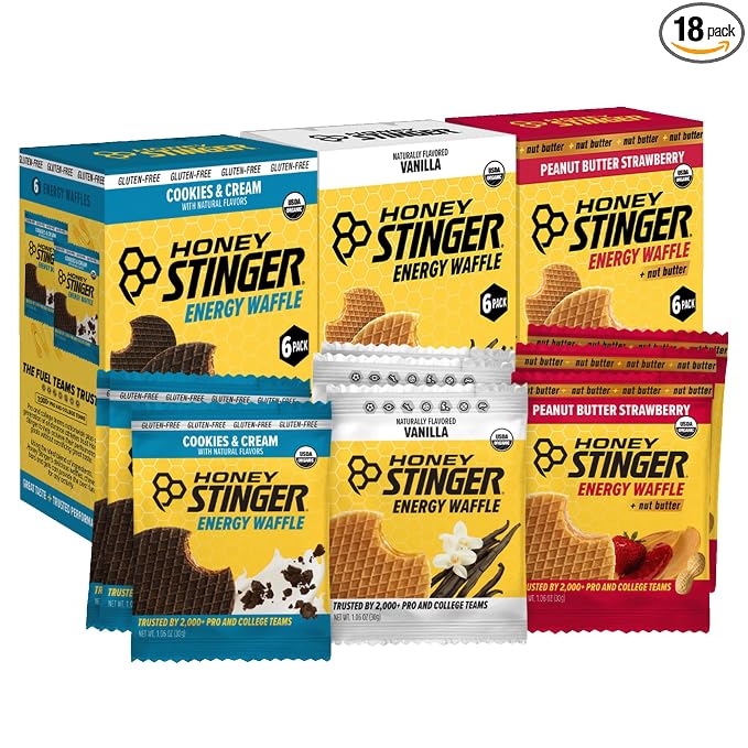 Honey Stinger Organic Energy Waffle Fan Favorites Variety Pack of 18, Vanilla, Cookies and Cream, 6 Pack Each of Peanut Butter Strawberry, Nutritious Stroopwafel Snack for Exercise, Cycling, Running