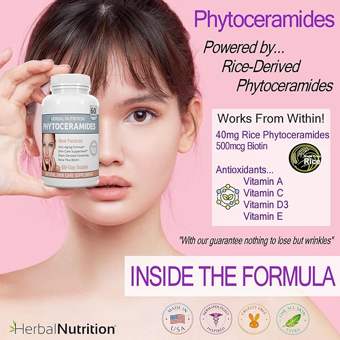 Herbal Nutrition Phytoceramides Rice Based with Biotin Vitamin A C D and E, 4 Bottle Pack 40mg